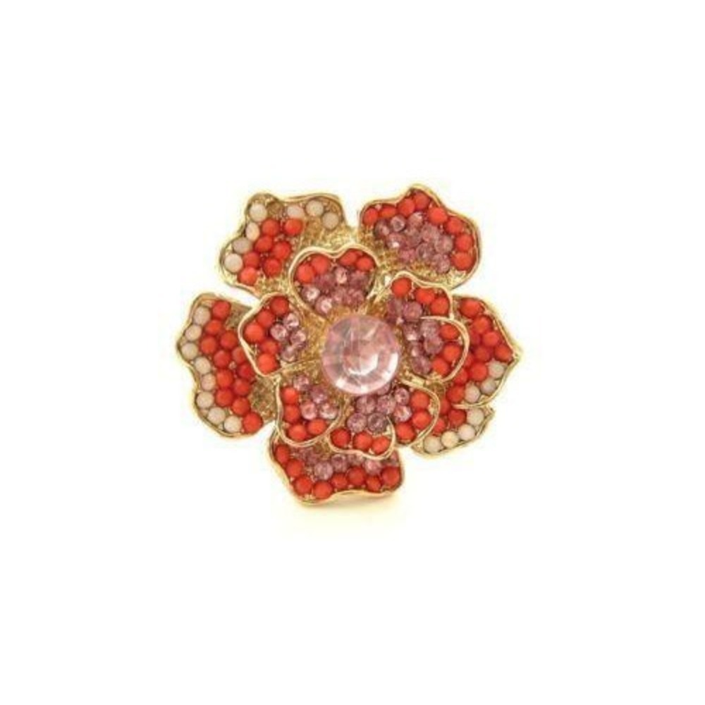 Large Orange, Pink Multi-Color Rhinestone Flower Cocktail Ring*Adjustable Sz8.25
